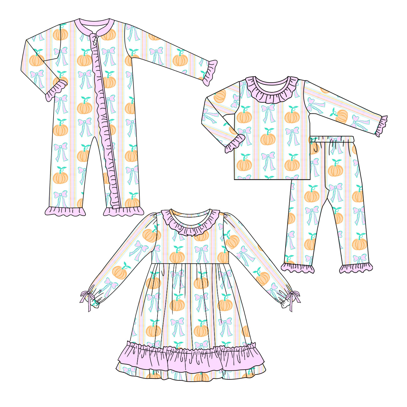 25.5.7 custom each style moq 5eta 4-6week Sibling Sisters pumpkin bow baby girl long sleeve pants sets and dress and rompers match family design