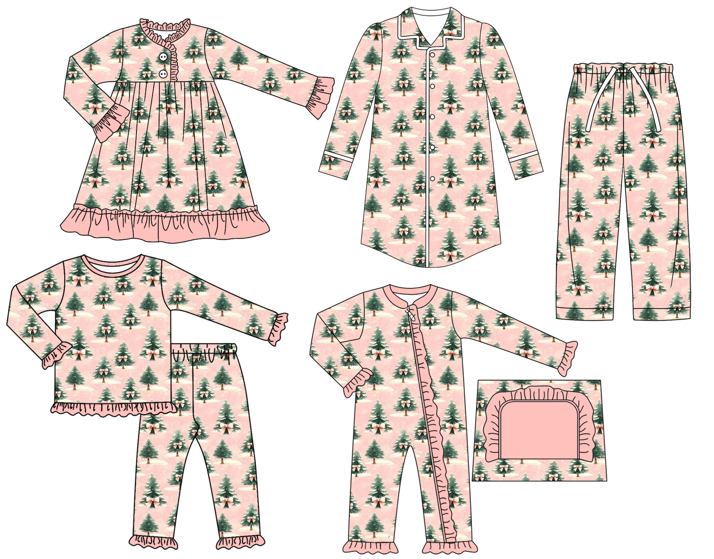 25.7.8 custom each style moq 5eta 4-6week Sibling Sisters Christmas trees baby girl long sleeve pants sets and adult top and adult pants and romper and dress match family design