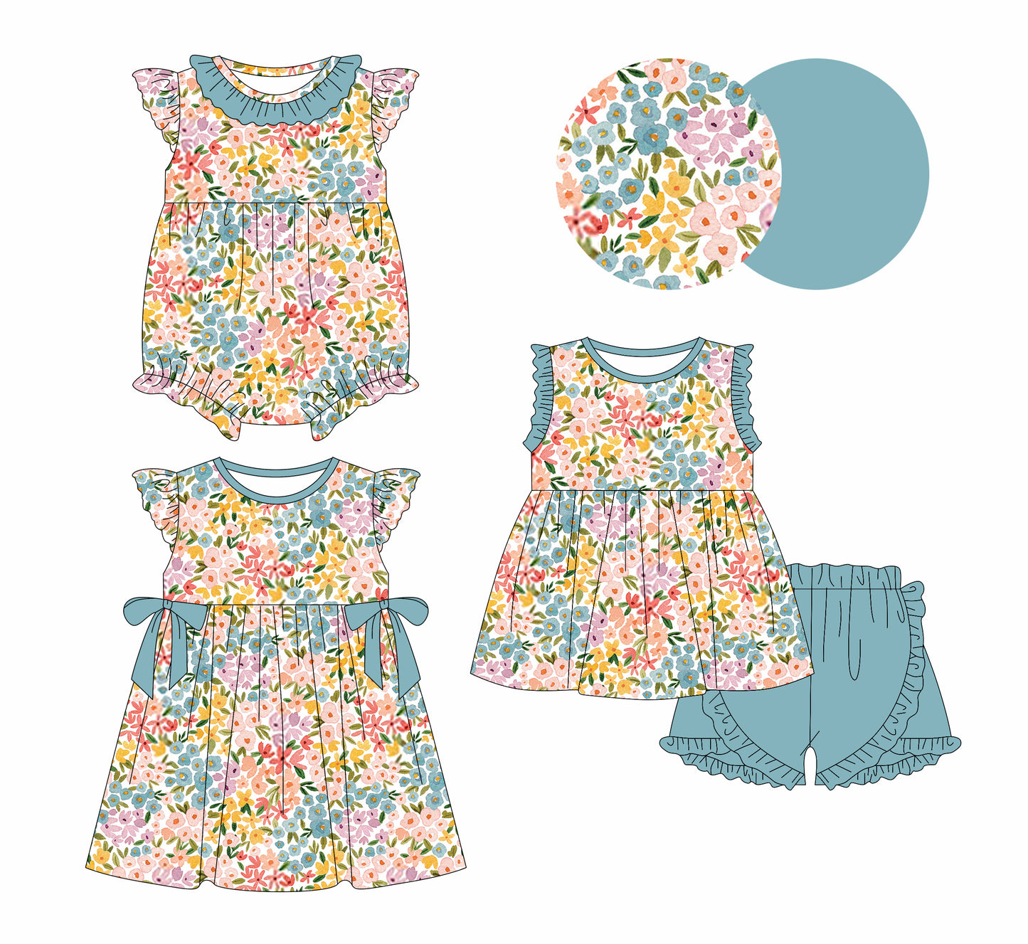 12.28 custom each style moq 5eta 4-6week Sibling Sister floral baby girl short sleeve shorts sets and dress and rompers match family design