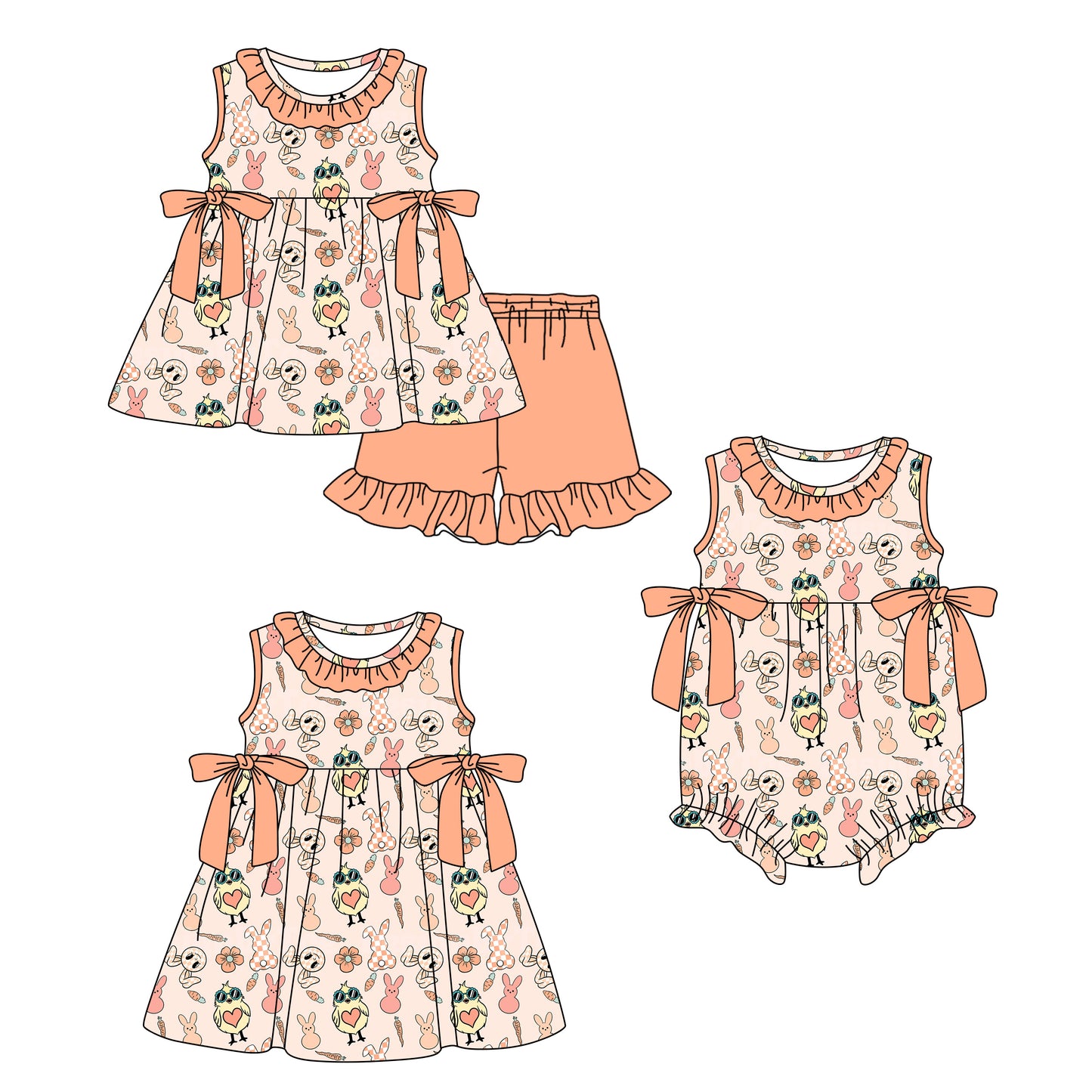 Custom moq 5 mix size Sibling Baby Girl's orange Short-Sleeved Top And Shorts Set Cute Romper Dress for Spring Summer