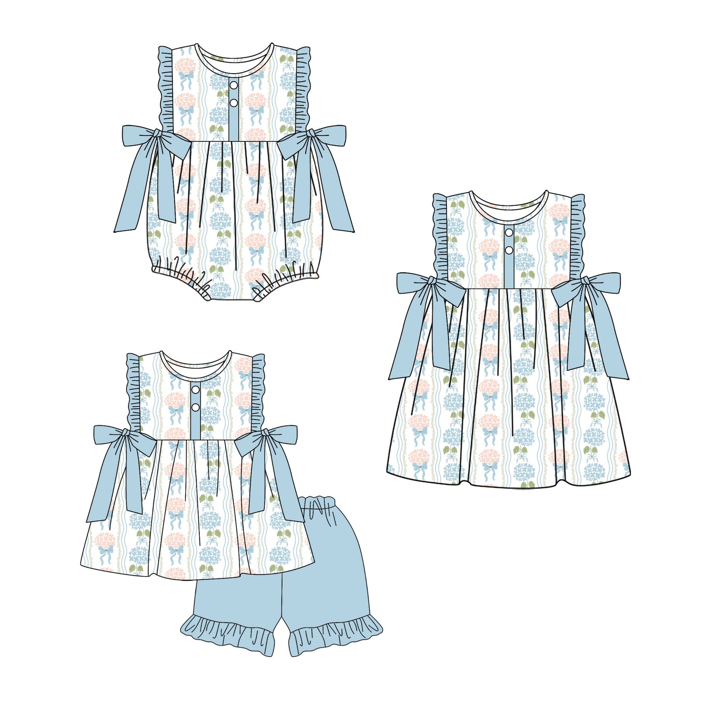 4.1 Custom moq 5 mix size Sibling Baby Girl's Flowers Sleeveless Tunic Ruffle Shorts Set Cute Romper Dress for Summer