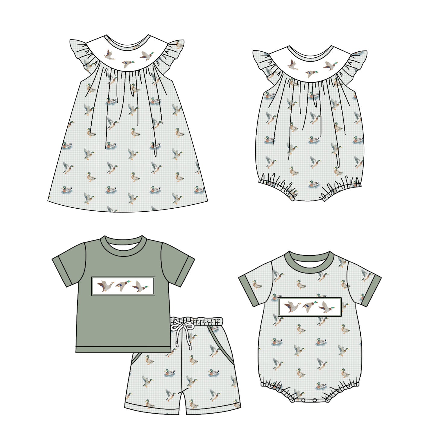 25.10.30 custom each style moq 5 eta 6-8week Sibling Sister duck baby short sleeve shorts sets and romper 2 and dress match design