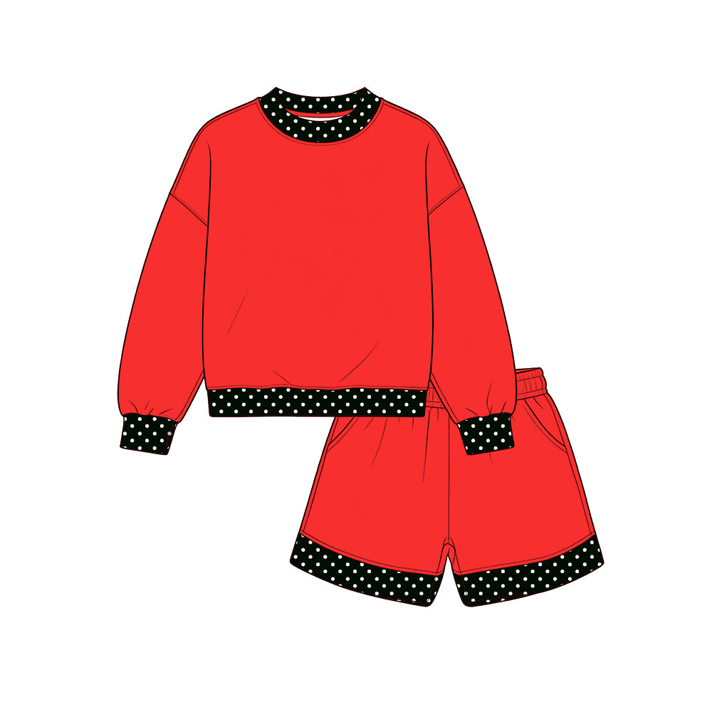 Custom moq 5 cotton fabric girls sets Red and yellow long-sleeved top and shorts set blank offer custom logo sets