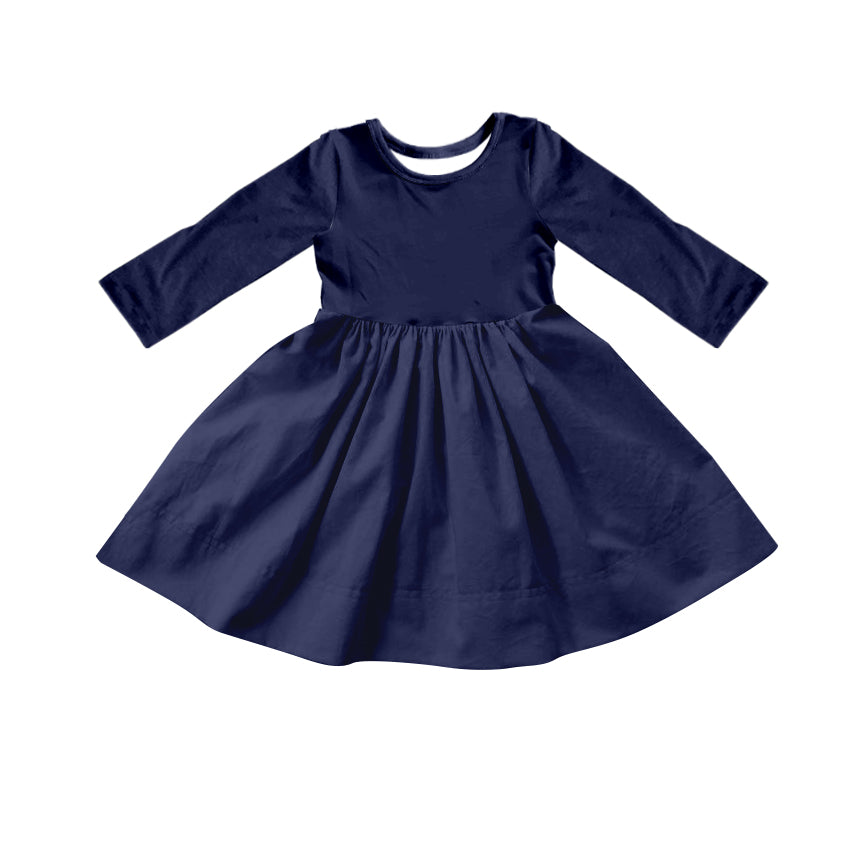 Custom moq 5 Girls Blank Cotton Long Sleeve Dress Navy Long Sleeve Dress