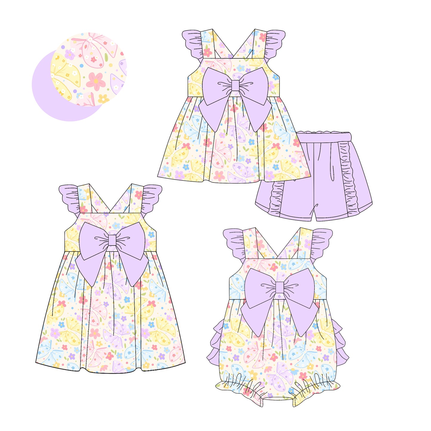 3.24 custom each style moq 5eta 4-6week Sibling Sisters floral bow baby girl short sleeve shorts sets and dress and rompers match family design