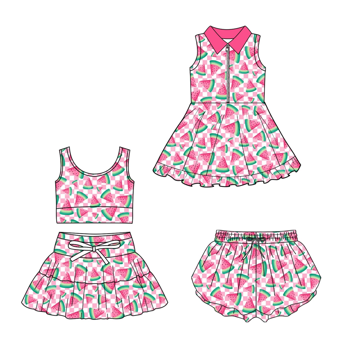 Custom moq 5 mix size Sibling Pink Watermelon Print Sleeveless Zip-Up Dress Baby Girls' Yoga Outfit with Skirt And Shorts