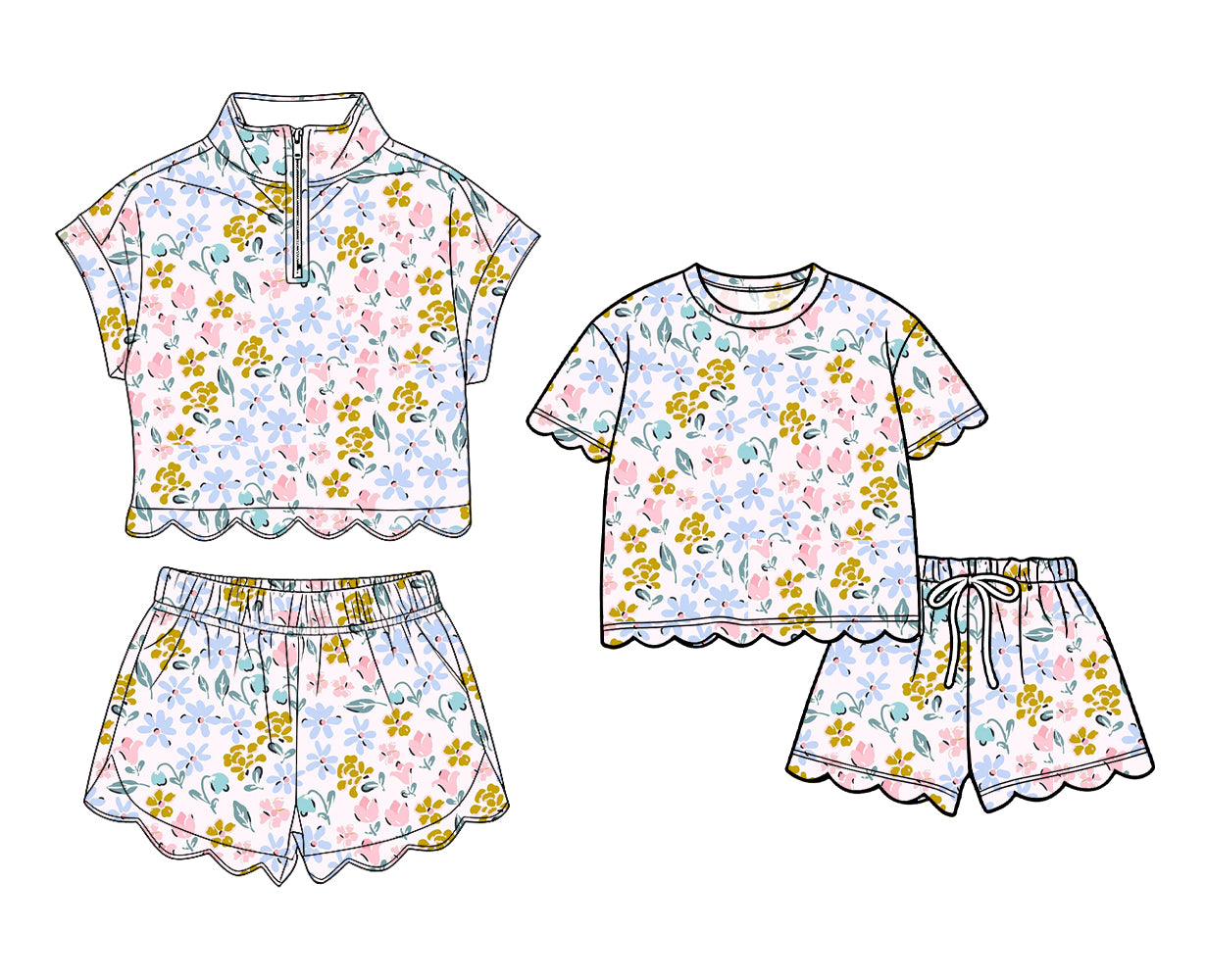 3.16 Custom moq 5 mix size Sibling Baby Girls Colorful Flowers Scallop Top And Shorts Outfit Set Cute Baby Girl Clothing Set