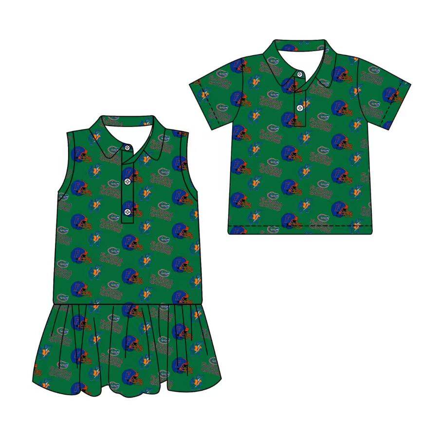 Custom moq 5 mix size milk silk summer teams Green Sleeveless Dress for Baby Girl Short-Sleeved Polo Shirt for Baby Boy Infant Clothing Set