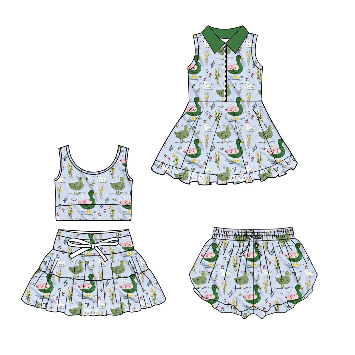 Custom moq 5 mix size Sibling Baby Girls duck print Sleeveless Yoga Top And Skirt Set Kids Yoga Dress Comfortable Sportswear with Shorts