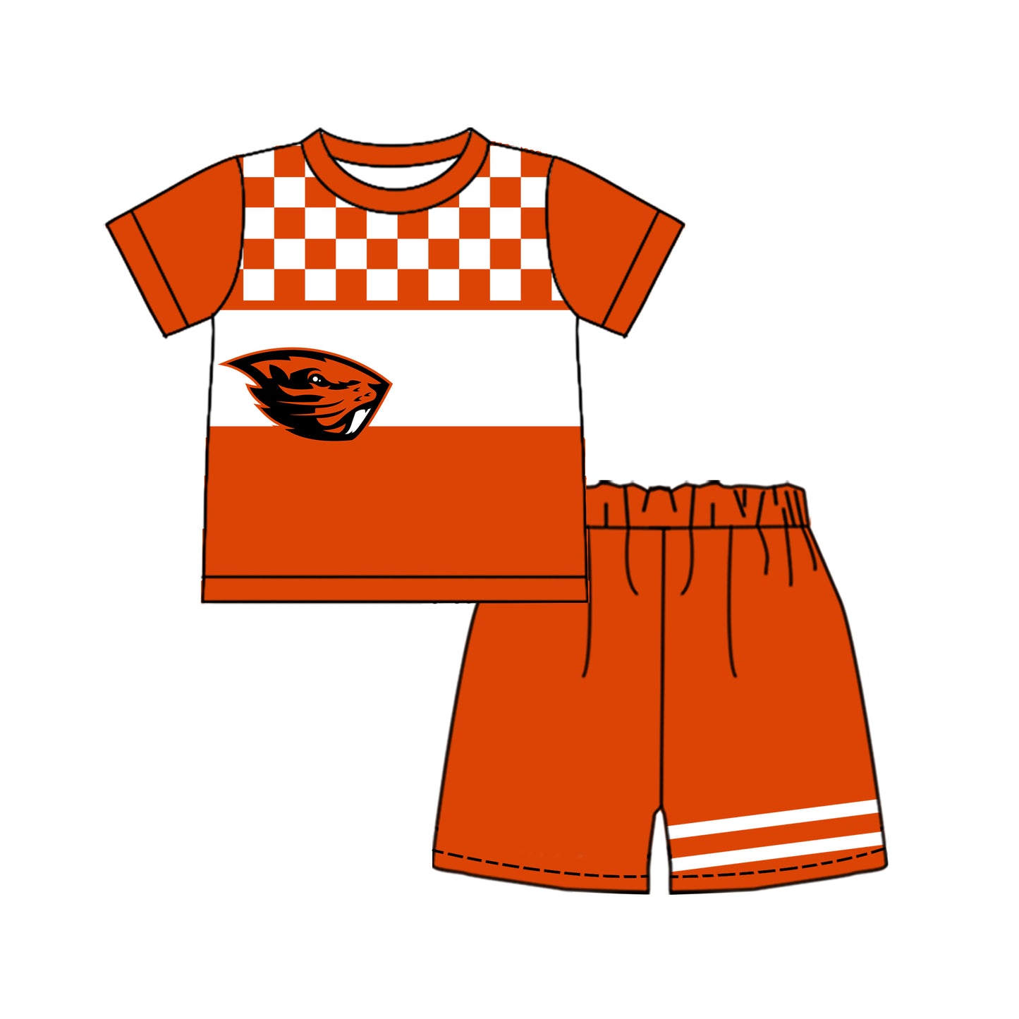 Custom moq 5 mix size milk silk summer teams Baby Boys Casual Orange Plaid Short Sleeve Top Shorts Set
