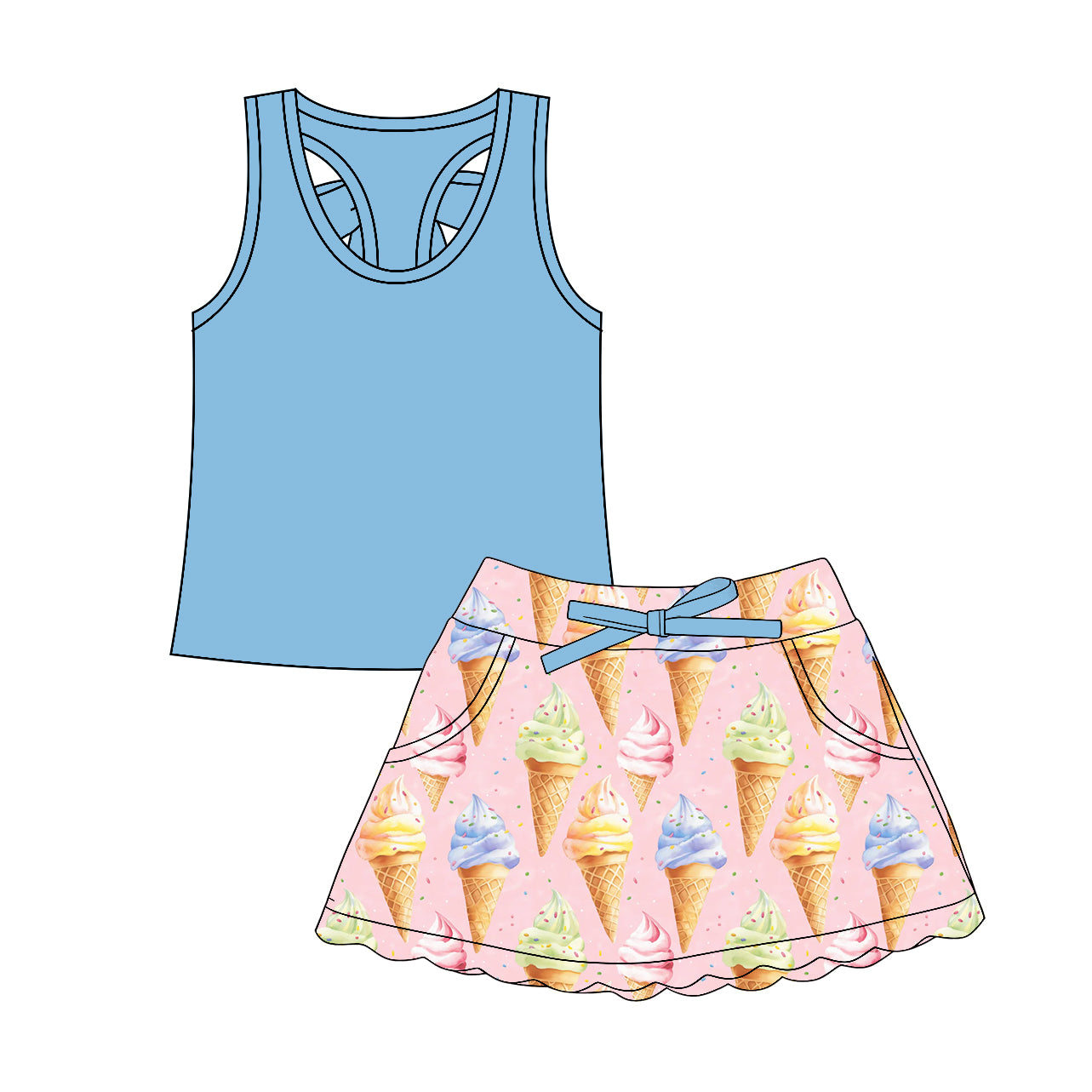 Custom moq 5 mix size Baby Girls Blue Sleeveless Top And Pink Skirt Yoga Outfit Two-Piece Set for Kids