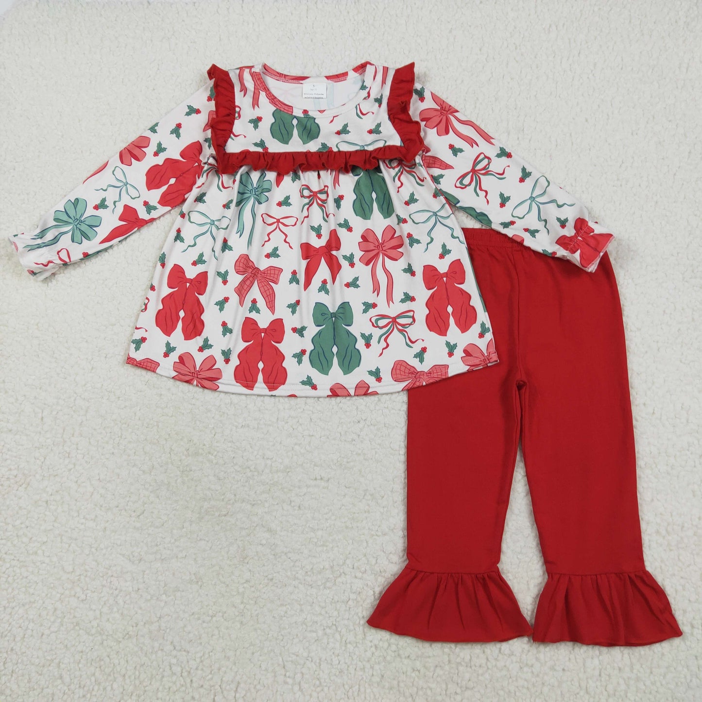 RTS NO MOQ(In Stock) GLP2346 Christmas red and green bow pattern lace long sleeve trousers suit