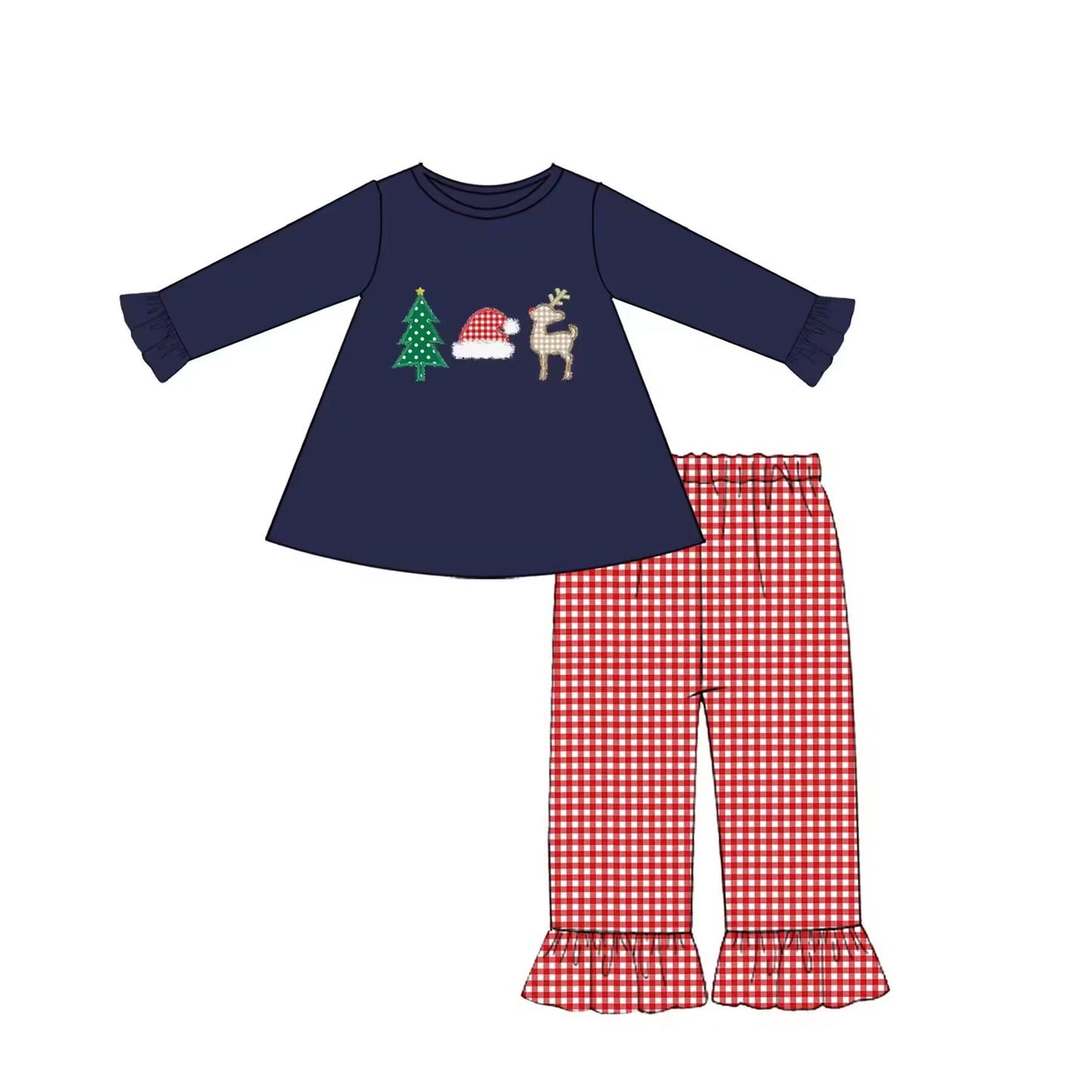 Custom moq 3 eta 6-8weeks Navy Blue Embroidered Christmas Top - Red Plaid Lace Trousers Set