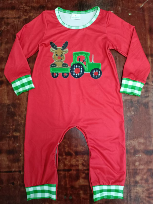 Custom moq 3 eta 6-7weeks Red long romper with embroidered truck elk pattern