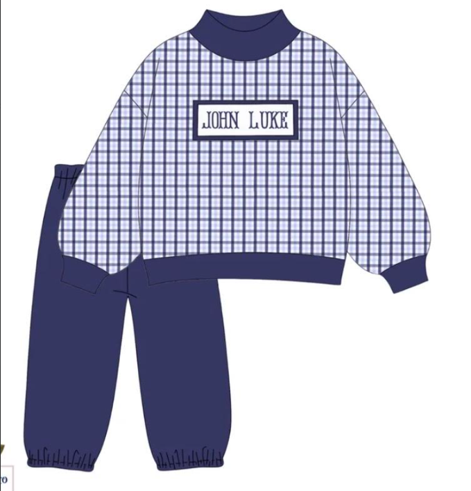 custom moq 5 mix size KNJR0101 High Neck Baby Kids Blue Plaid Top and Solid Navy Jogger Pants Set