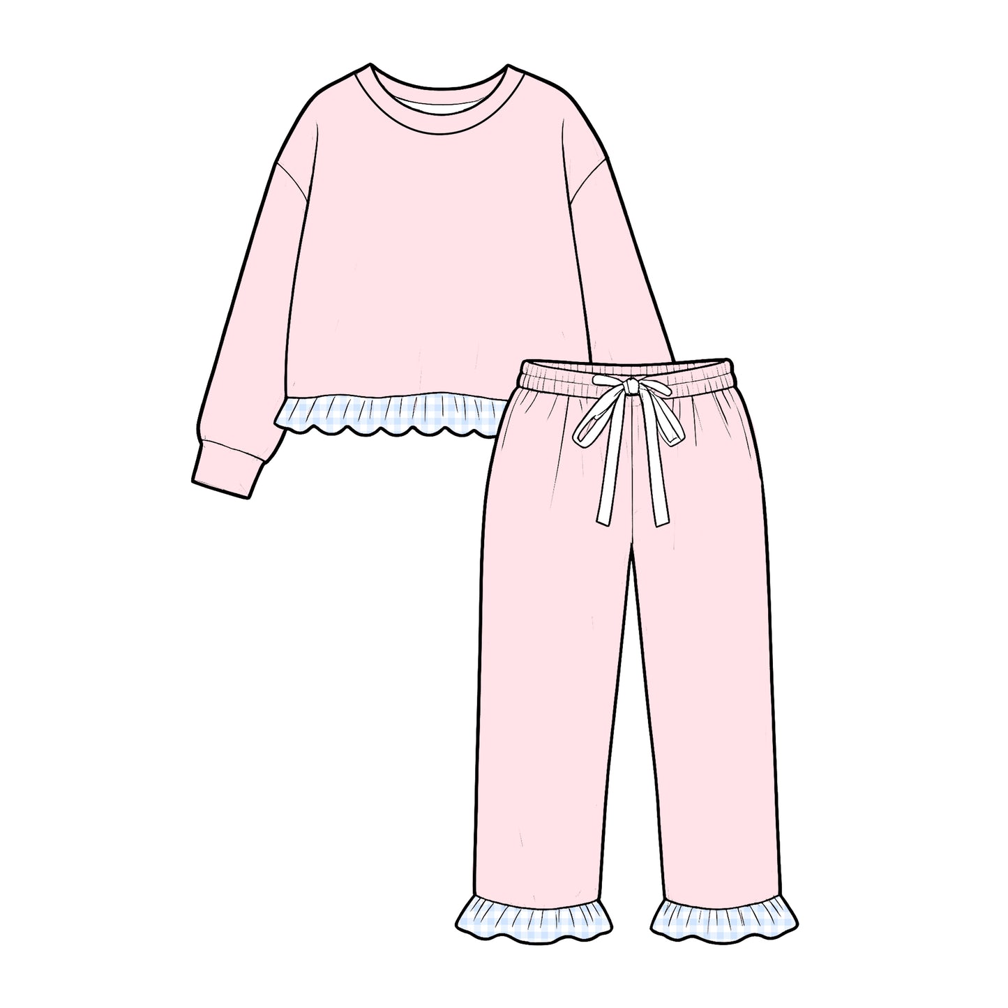 custom moq 5 mix size KYMN0102 Baby Girls Solid Color Long Sleeve Top Scallop Ruffle Hem Drawstring Pant Set