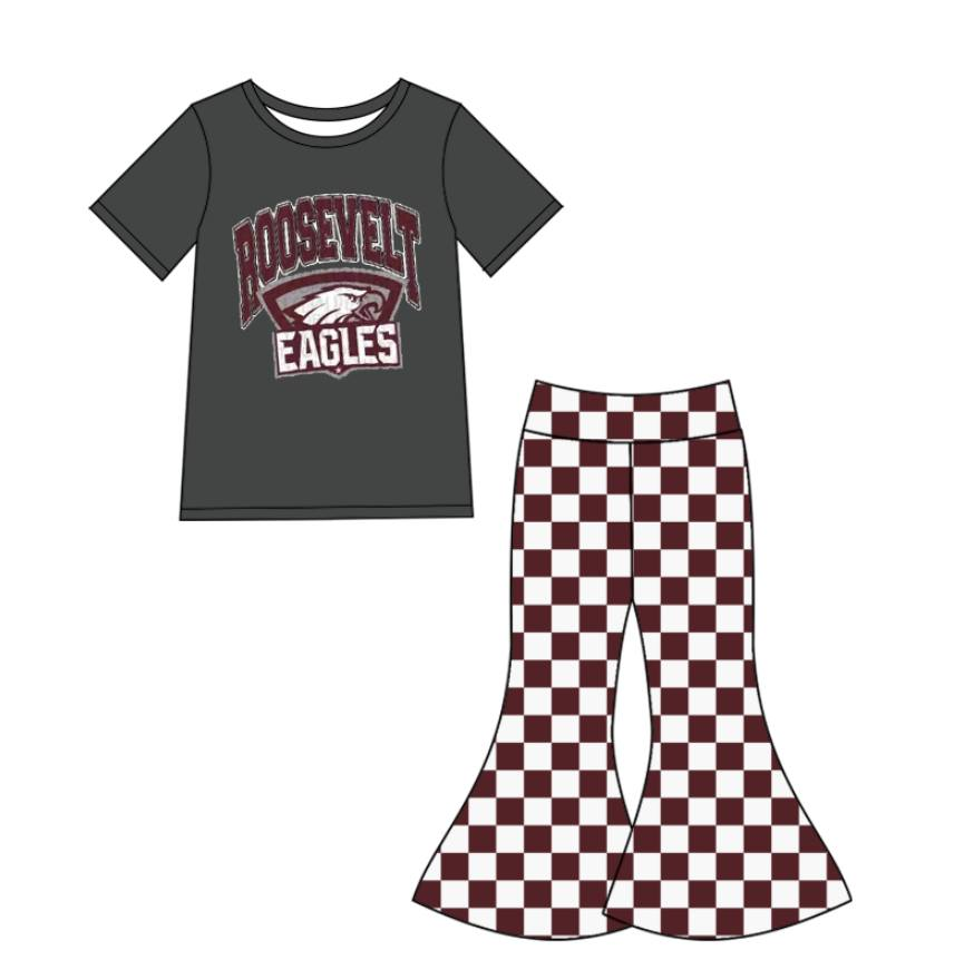 Custom summer teams baby girl clothes team plaid short sleeve pants sets-25.8.22
