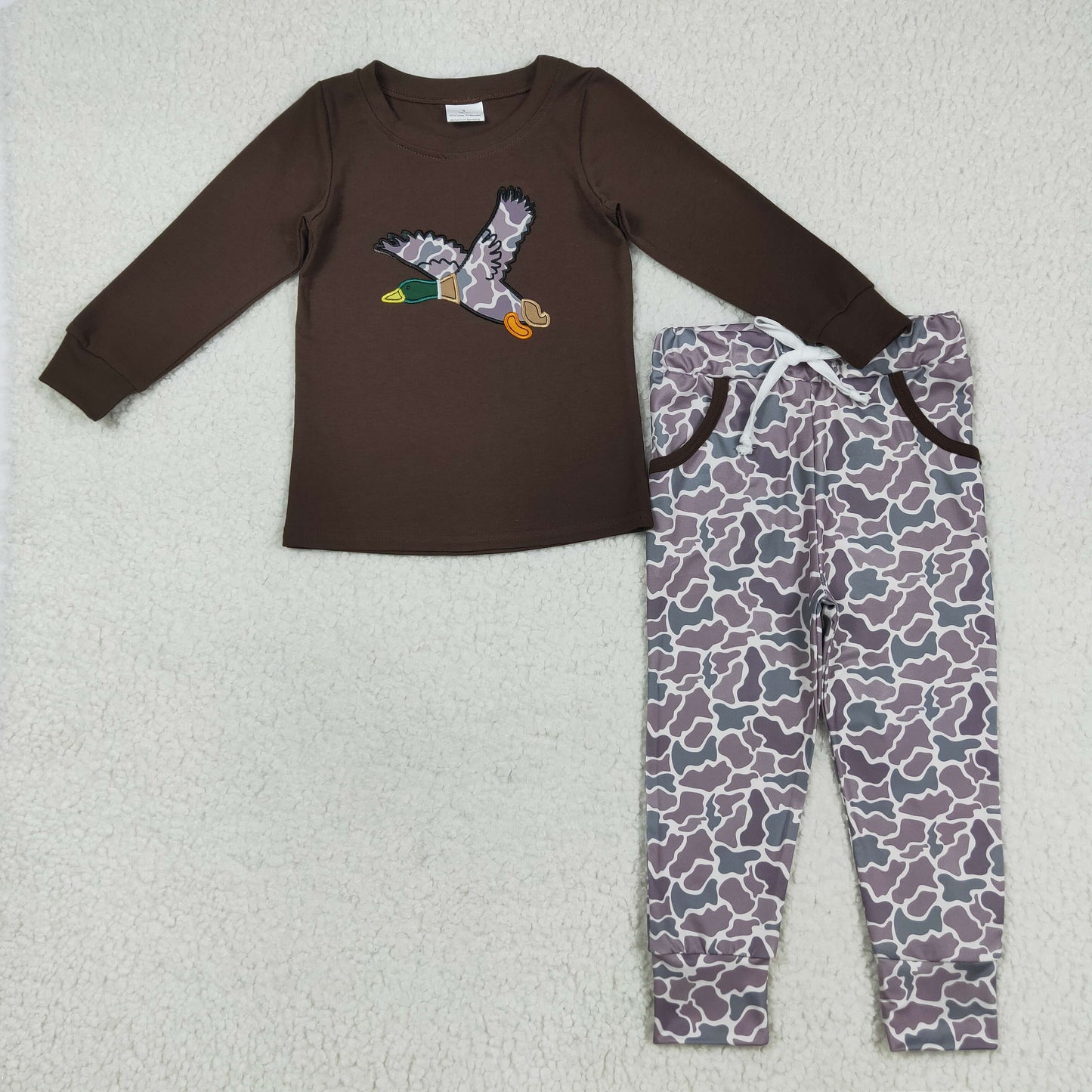 RTS NO MOQ(In Stock) BLP1123 Embroidered Camouflage Duck Brown Long Sleeve Pants Set