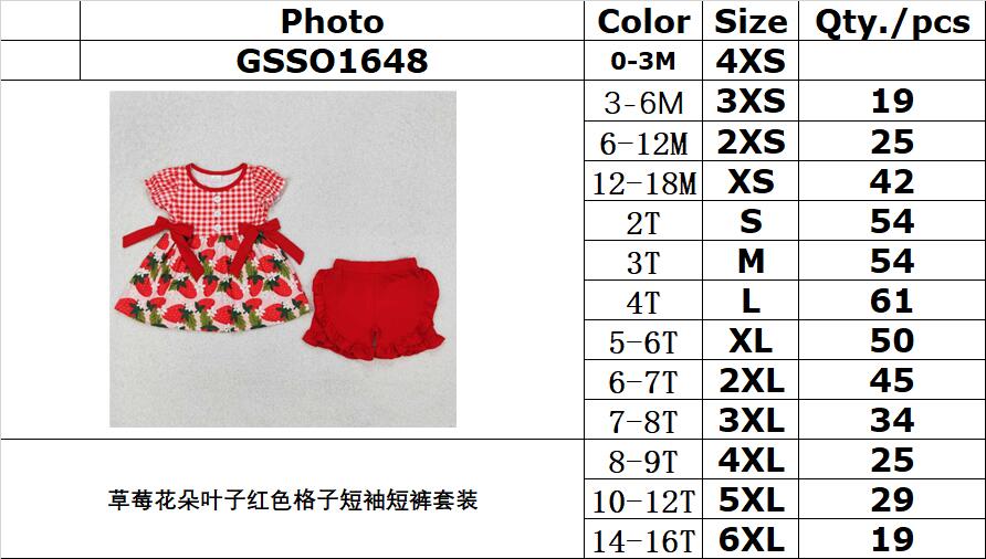 RTS NO MOQ ETA 5/7days Arrived GSSO1648 Strawberry Flower Leaf Red Plaid Short Sleeve Shorts Set