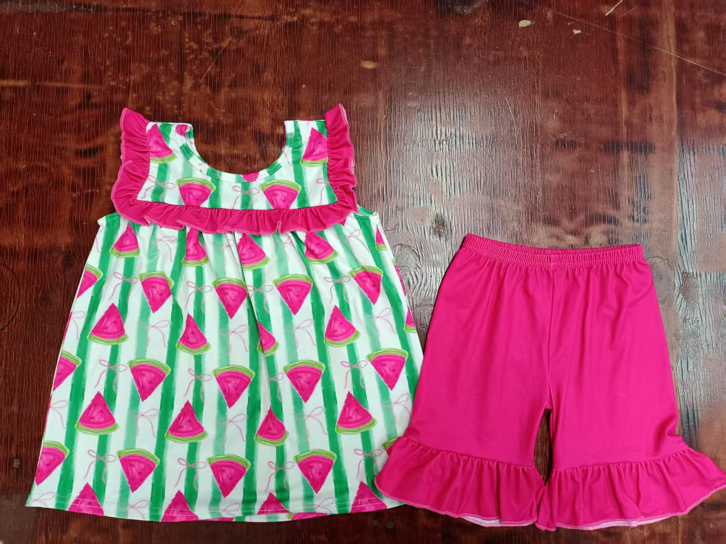 Custom moq 3 eta 6-7weeks baby girls clothes watermelon sleeveless shorts sets