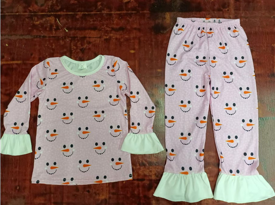 Custom moq 3 eta 6-7weeks Smiling Snowman Mint Green Trumpet Cuffs Buttoned Trousers-Pink Long Sleeve Suit