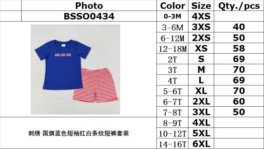 RTS NO MOQ BSSO0434 Embroidered flag blue short sleeve red and white striped shorts set(3-6M-7-8T)