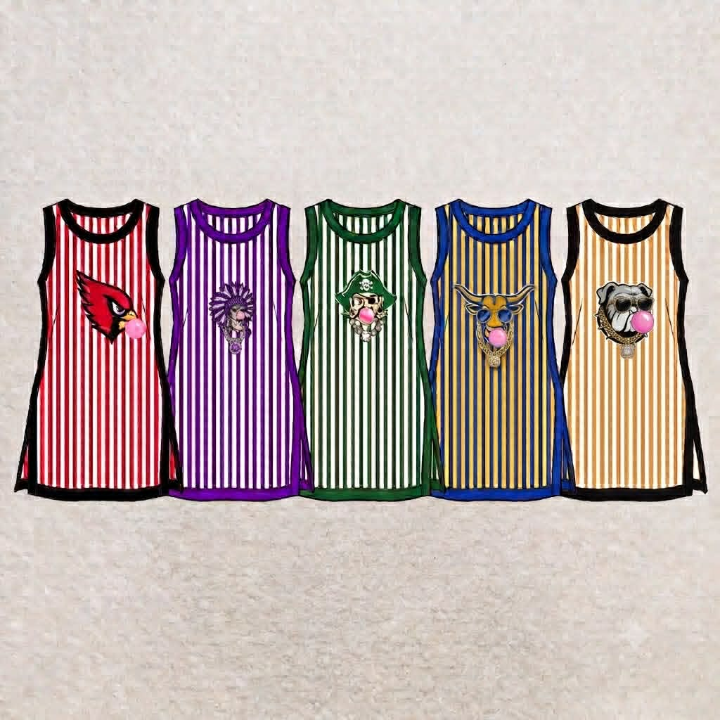 custom moq 5 mix size ASCR01 Baby Girls Print Tan White Vertical Stripe Sleeveless Tank Dress Black Trim Side Slit Casual Dress
