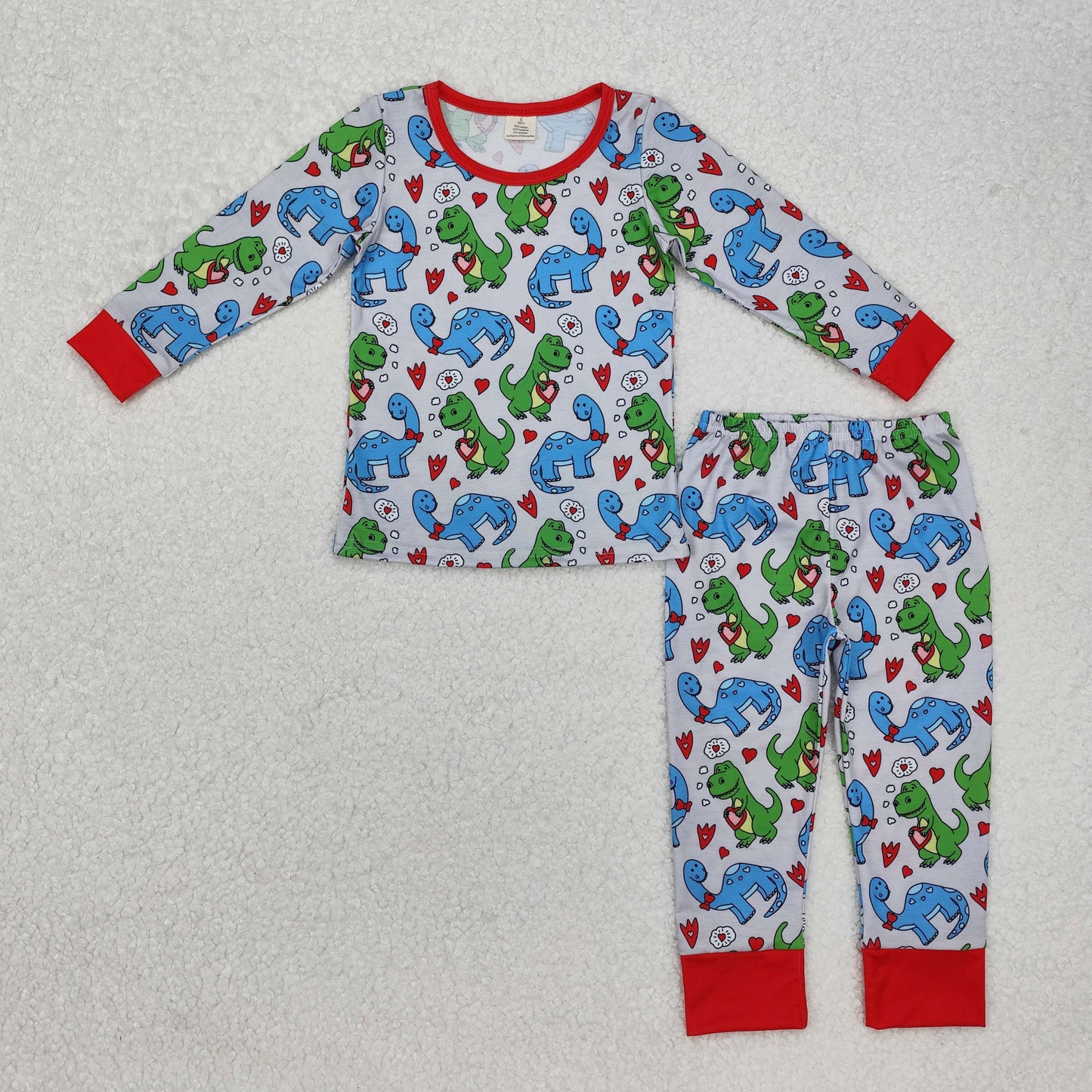 RTS NO MOQ(In Stock) Modal Heart Dinosaur Gray Red Long Sleeve Pants Set