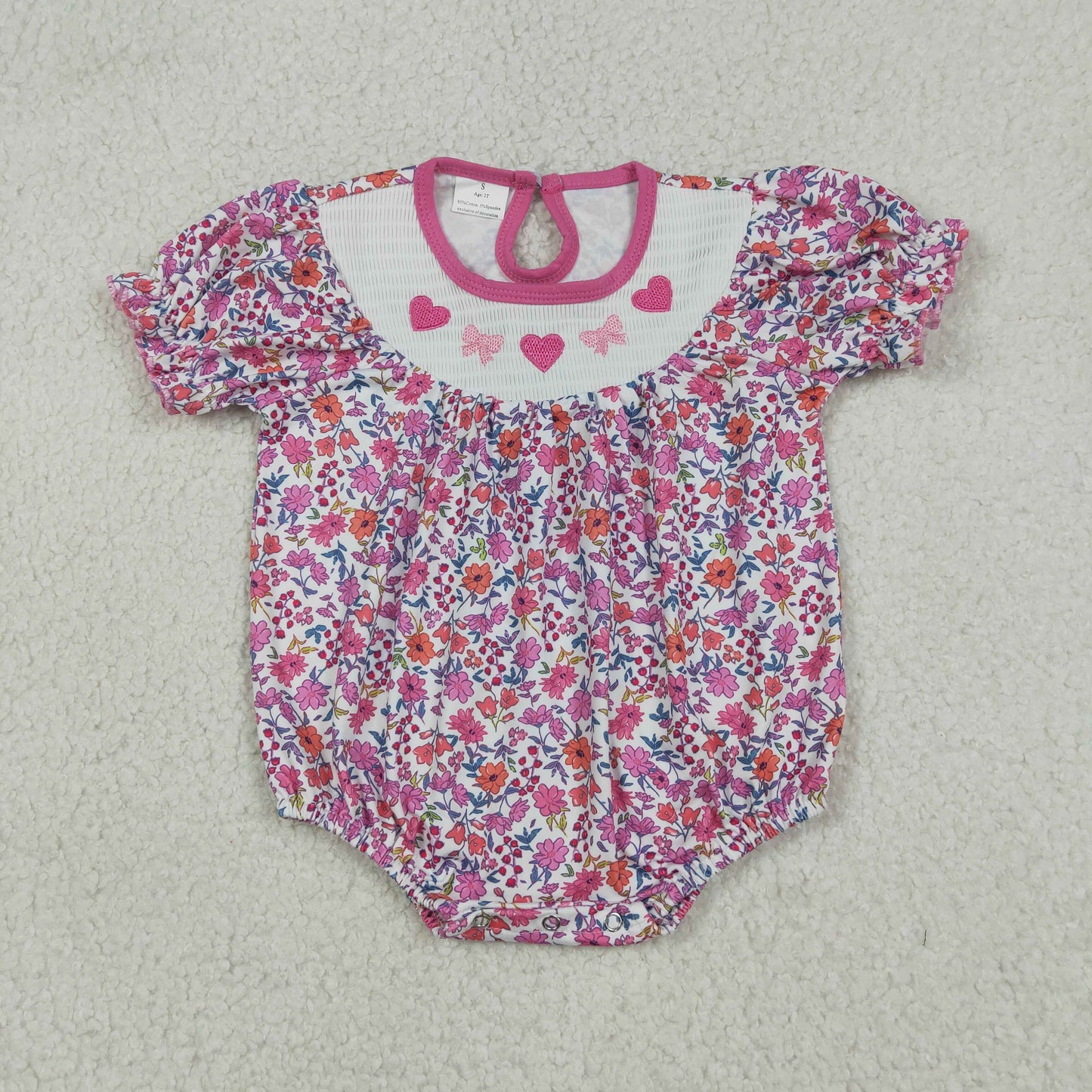 RTS NO MOQ(In Stock) Embroidered Heart Bow Flower Short-Sleeve Jumpsuit