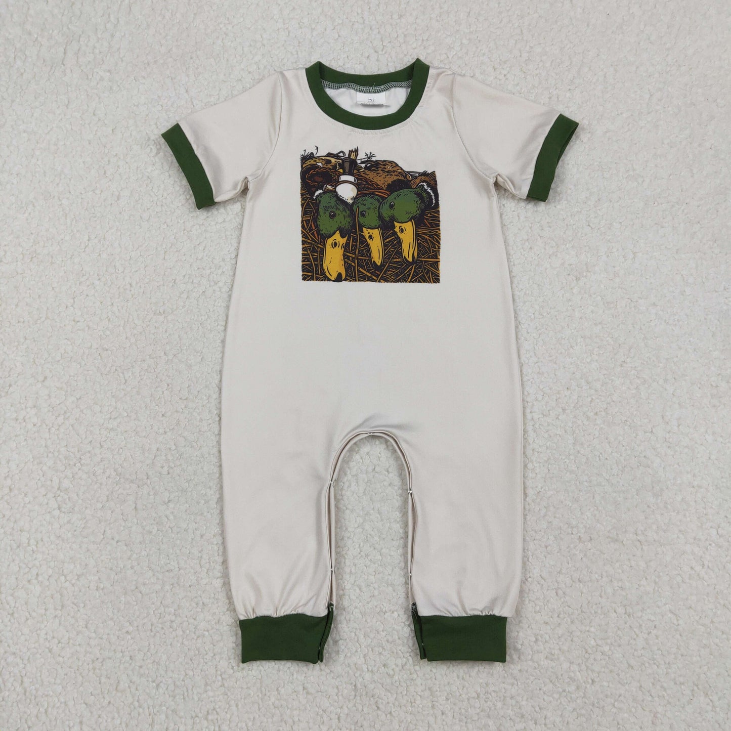 RTS NO MOQ(In Stock) Light-colored short-sleeved jumpsuit with duck hunting design