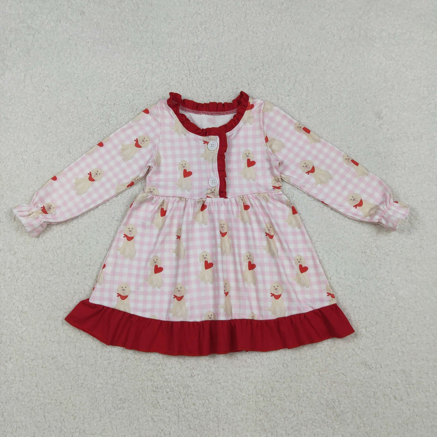 12/18m-7/8t RTS NO MOQ(In Stock) GLD1322 Pink Plaid Long-Sleeved Puppy Heart Red Lace Button Dress
