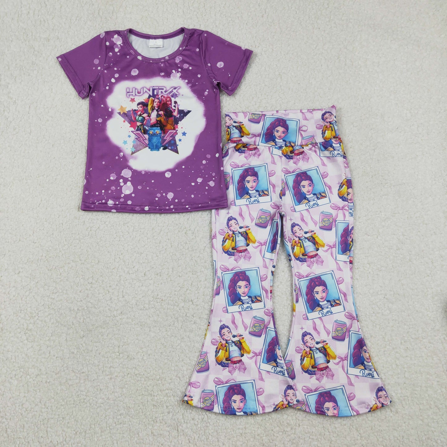 12/18m-14/16t RTS NO MOQ(In Stock) Purple Short-Sleeved Kpop Photo Print Plaid Pajama Set with Bow Pattern