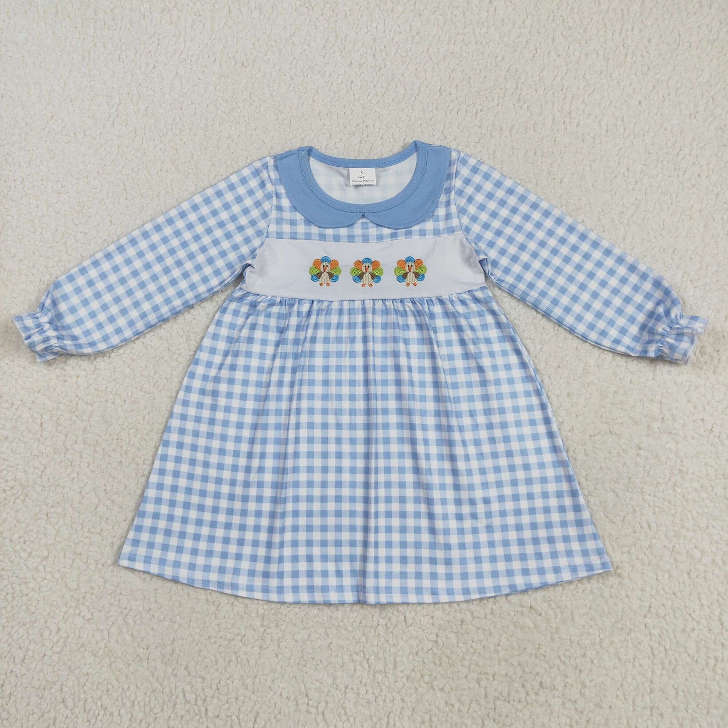 RTS NO MOQ(In Stock) GLD1070 Embroidered Turkey Blue Plaid Doll Collar Long Sleeve Dress