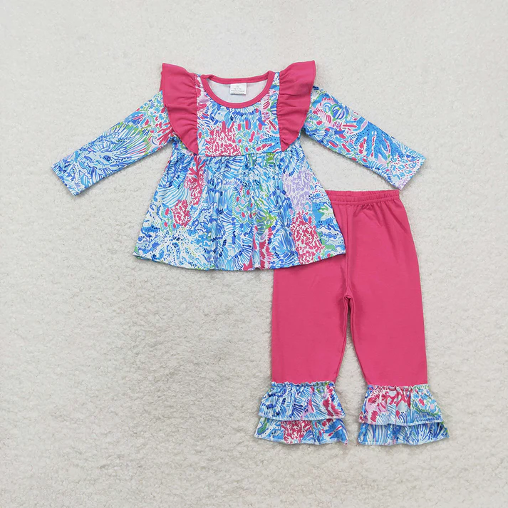 RTS NO MOQ print Baby Girls Pink Seaweed Sibling Rompers Clothes Sets