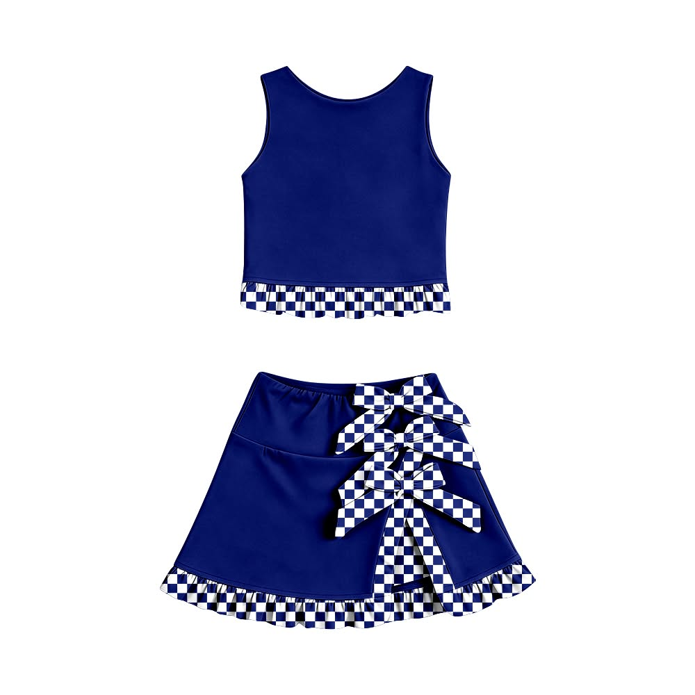 custom moq 5 mix size AASD0101 Baby Girls Blue Bow Scallop Edge Vest Top Skort Shorts Set Dress