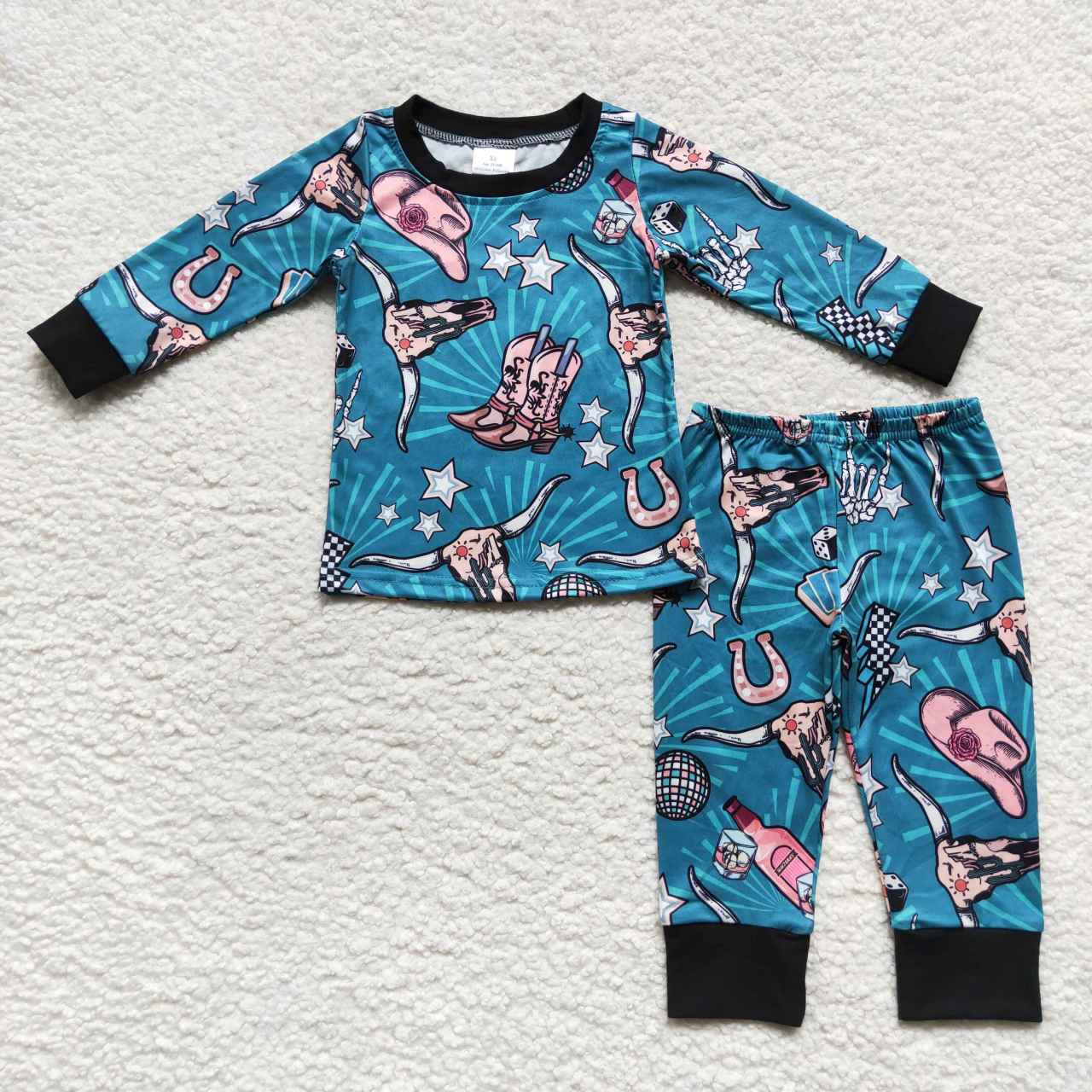RTS NO MOQ ETA 5/7days Arrived BLP0305 Hat boots stars alpine bull cactus teal long sleeves and trousers suit