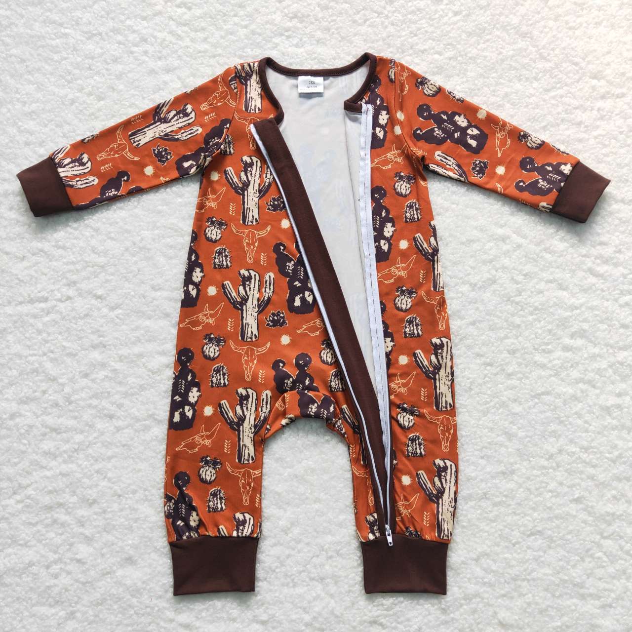 LR0726 Alpine Cow Head Cactus Pocket Short Sleeve Red Brown Zipper Long Sleeve Jumpsuit