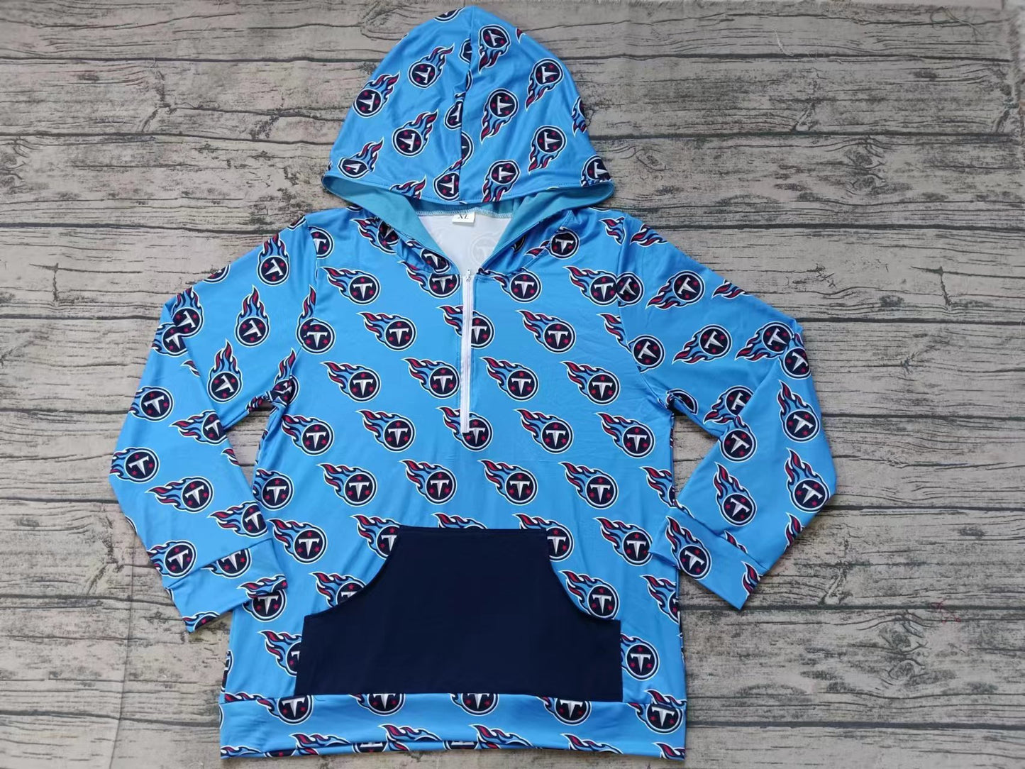 Custom moq 3 eta 6-7weeks Adult blue flame ball pattern zipper pullover long sleeve jacket with letter T
