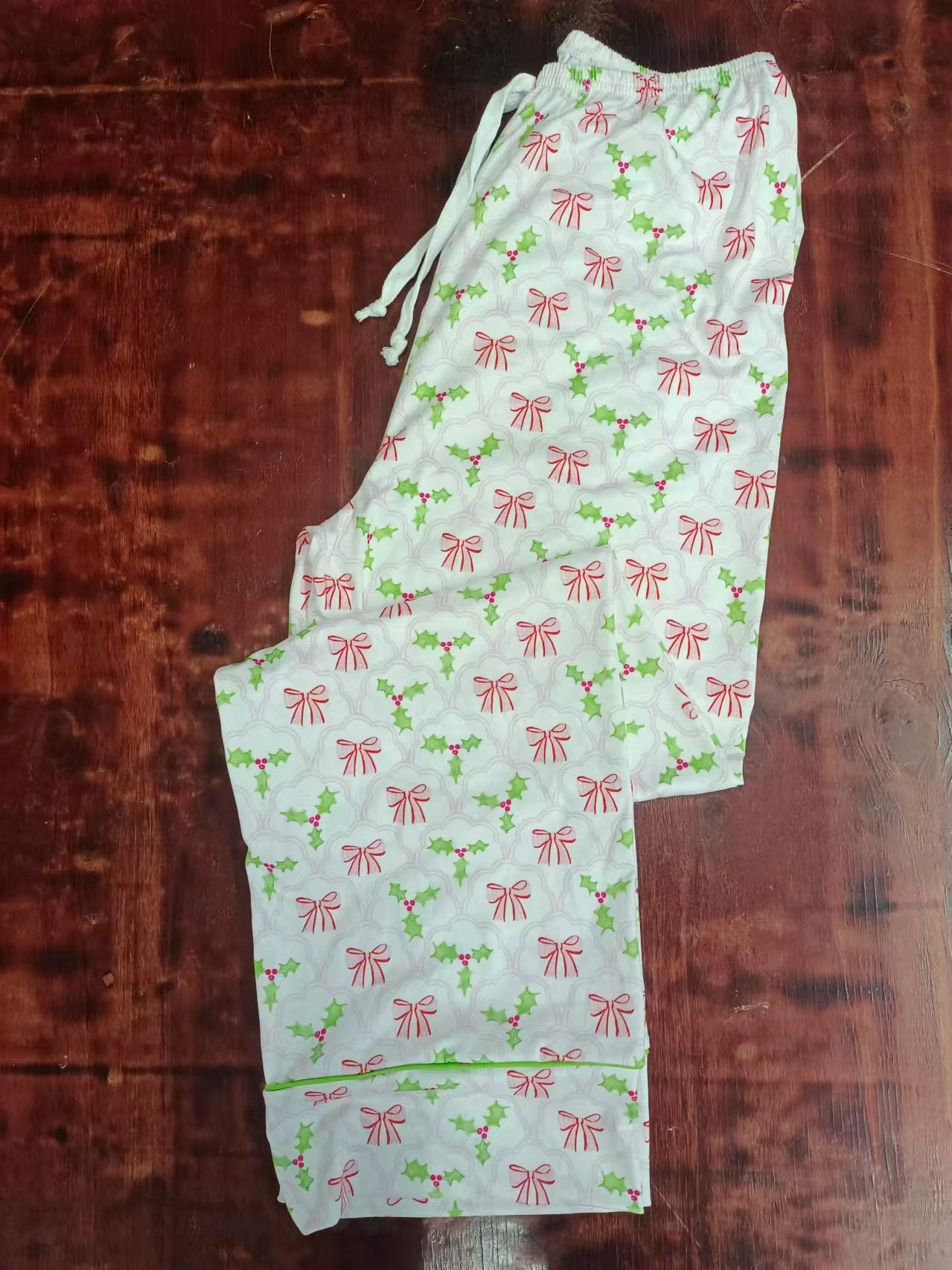 Custom moq 3 eta 6-7weeks White Adult Straight Trousers with Red Bow & Green Christmas Bow Tie Pattern