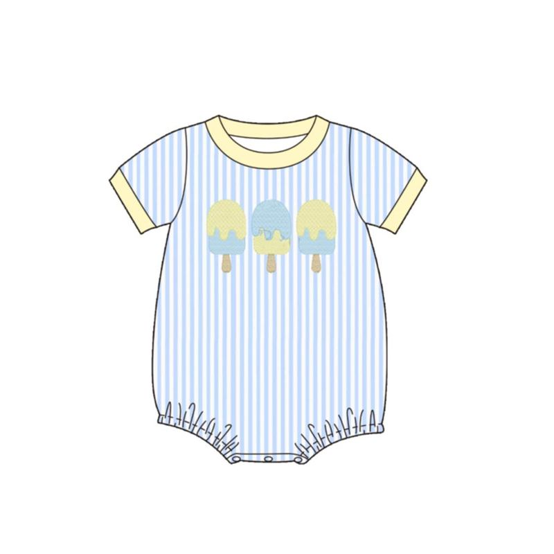 (Pre Order) No moq SR4107 Embroidery Popsicle Baby Boys Short Sleeve Blue Stripe Rompers