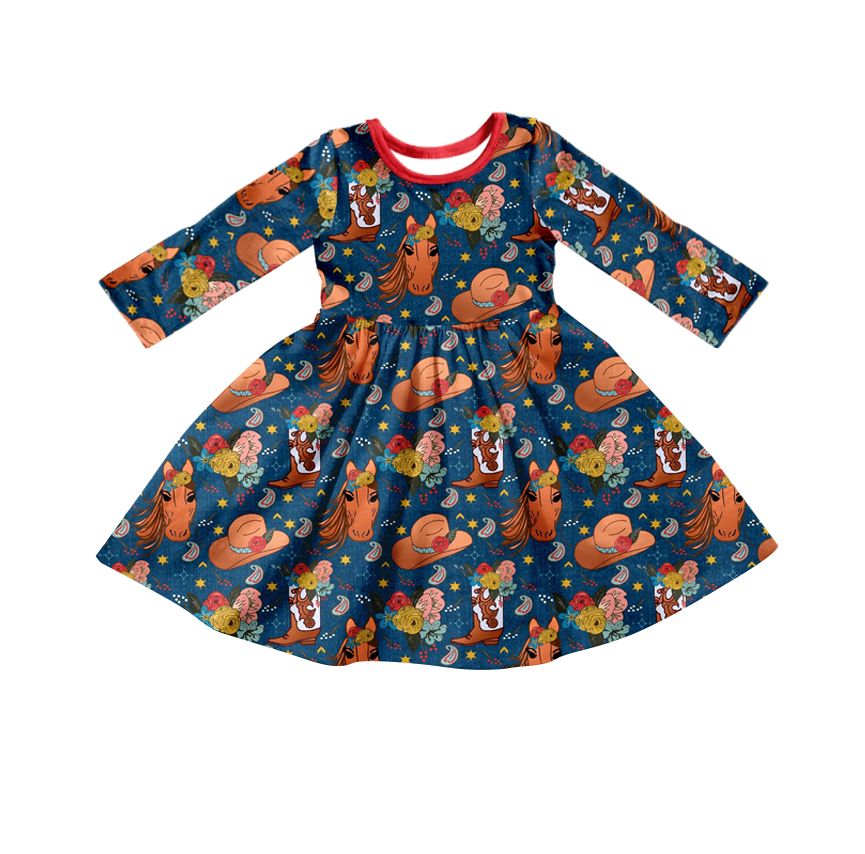 GLD0398 Flower Horse Boots Hat Navy Blue Long Sleeve Dress