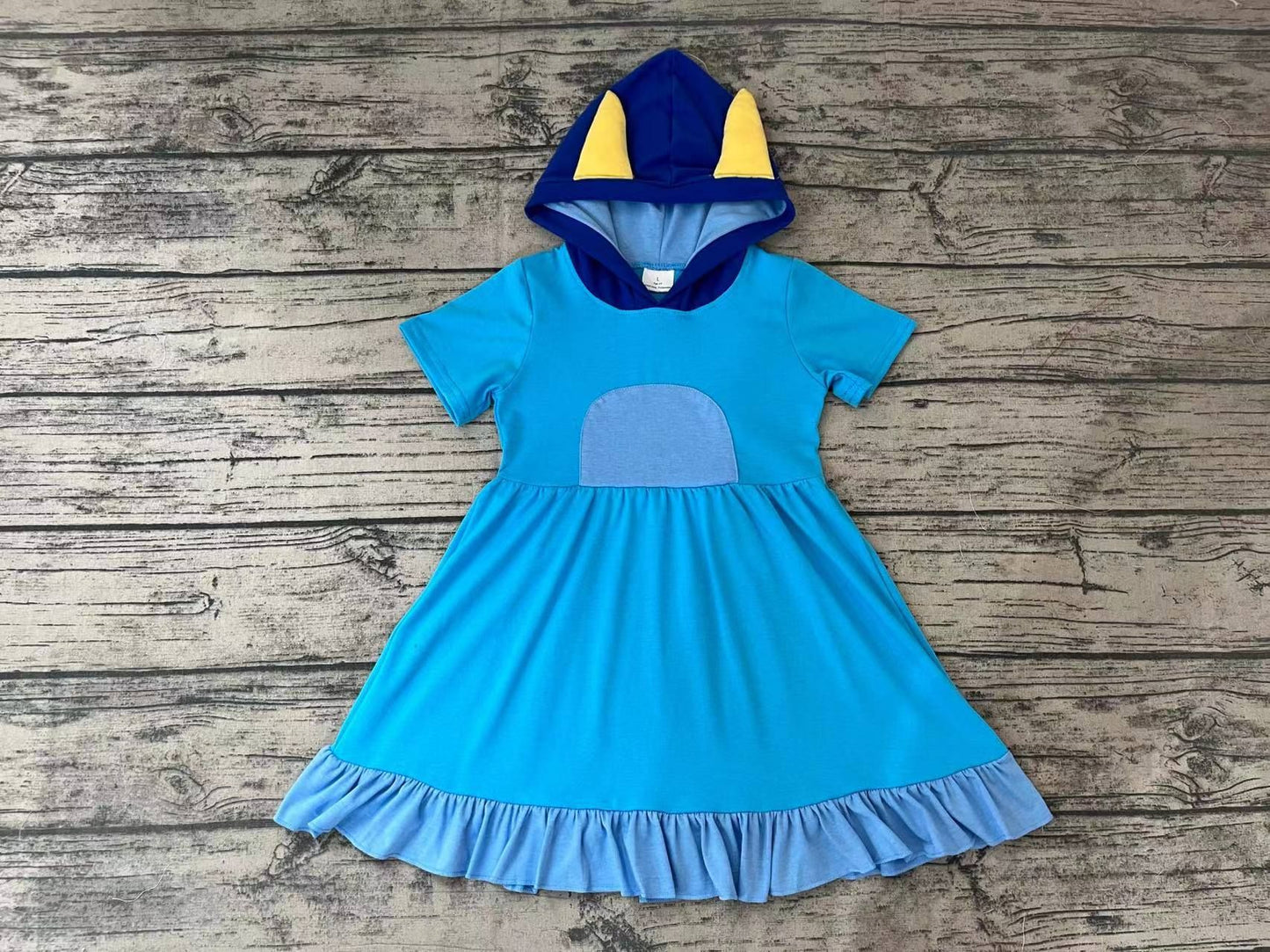 Blue Hooded Short Sleeve Wood Ear Trim Dress