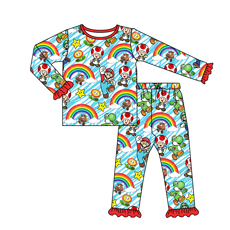 Mario Mushroom Rainbow Lace Red Blue Long Sleeve Trouser Set
