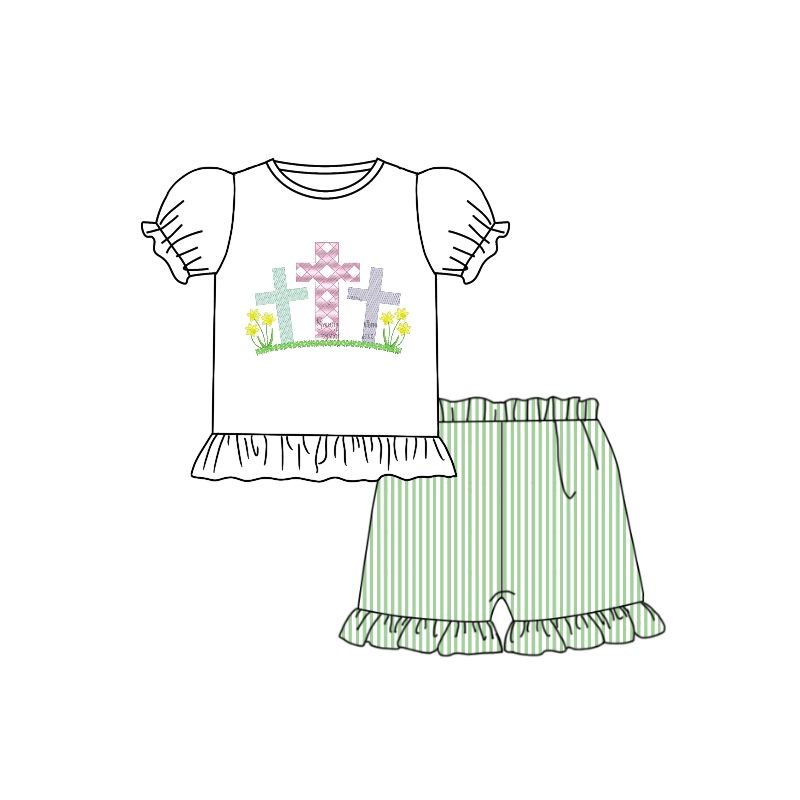 GSSO0390 Cross lace white short-sleeved green striped shorts suit