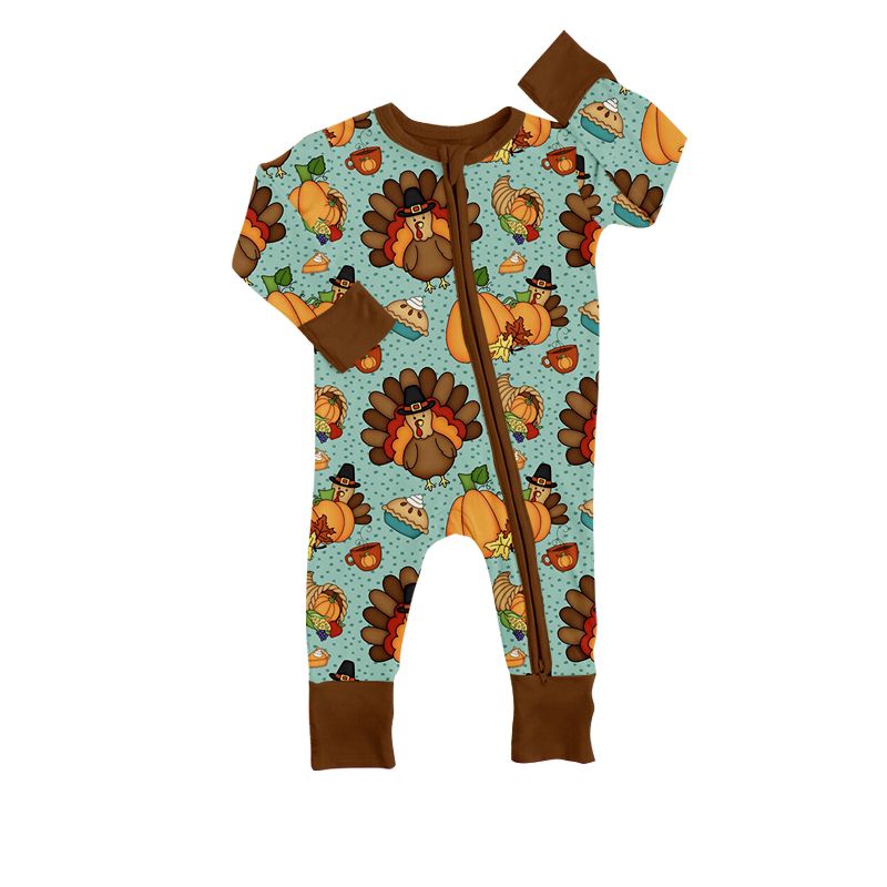 Pumpkin Turkey Brown Zip Long Sleeve Bodysuit