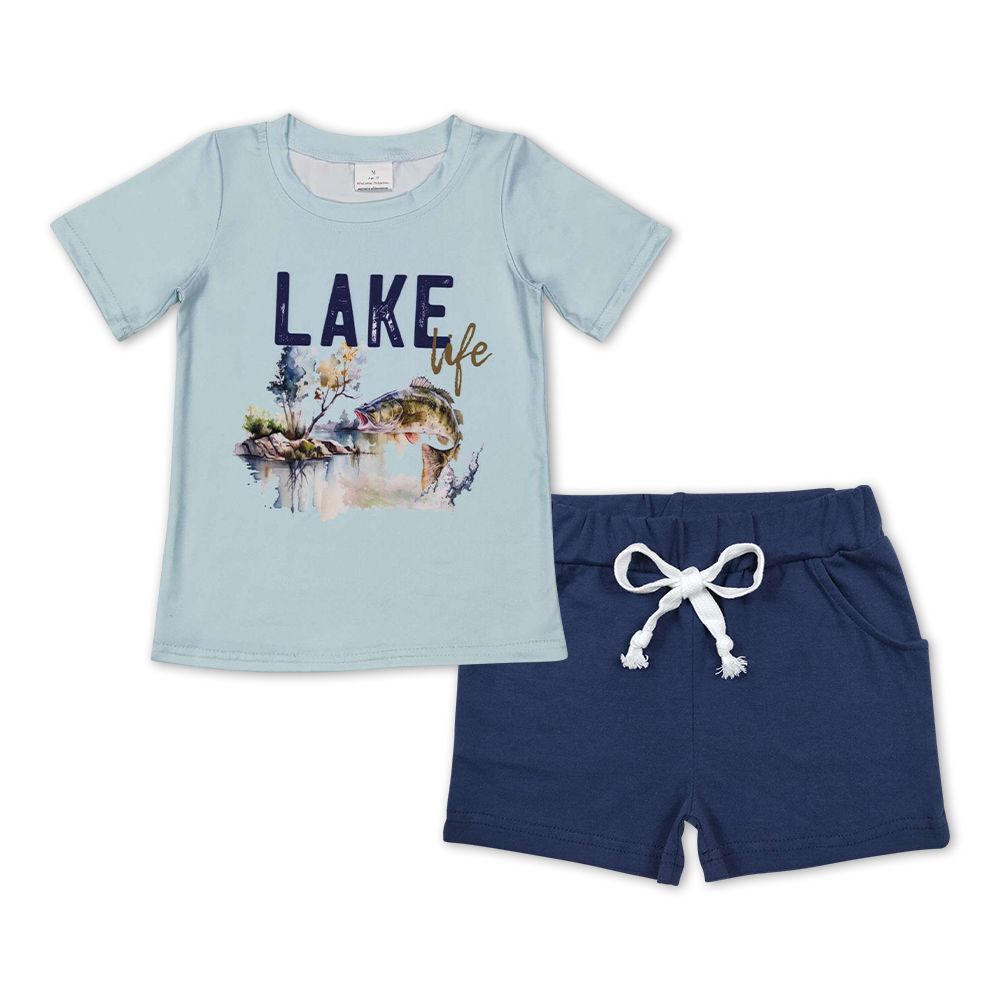 BSSO0449 lake life letter fishing blue short sleeve navy blue pocket shorts suit