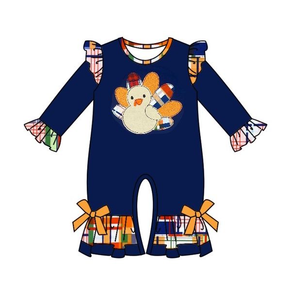 Turkey Plaid Lace Bow Navy Blue Long Sleeve Bodysuit