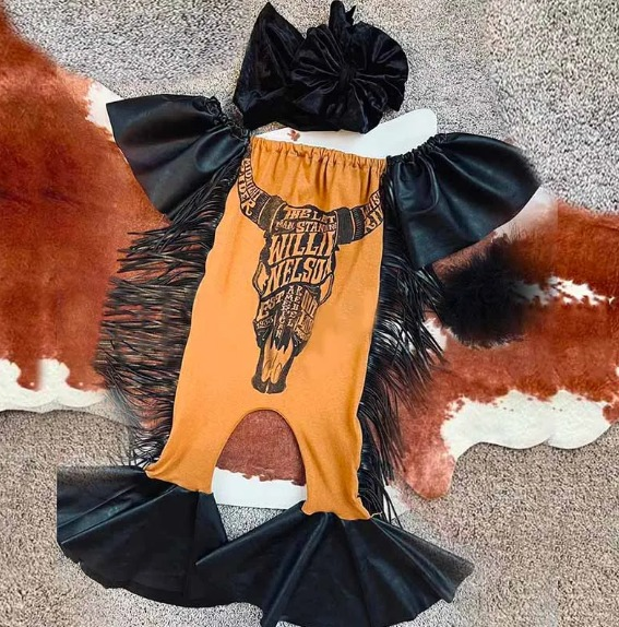 Alphabet Alpine Bull Head Black Lace Fringe Orange Jumpsuit