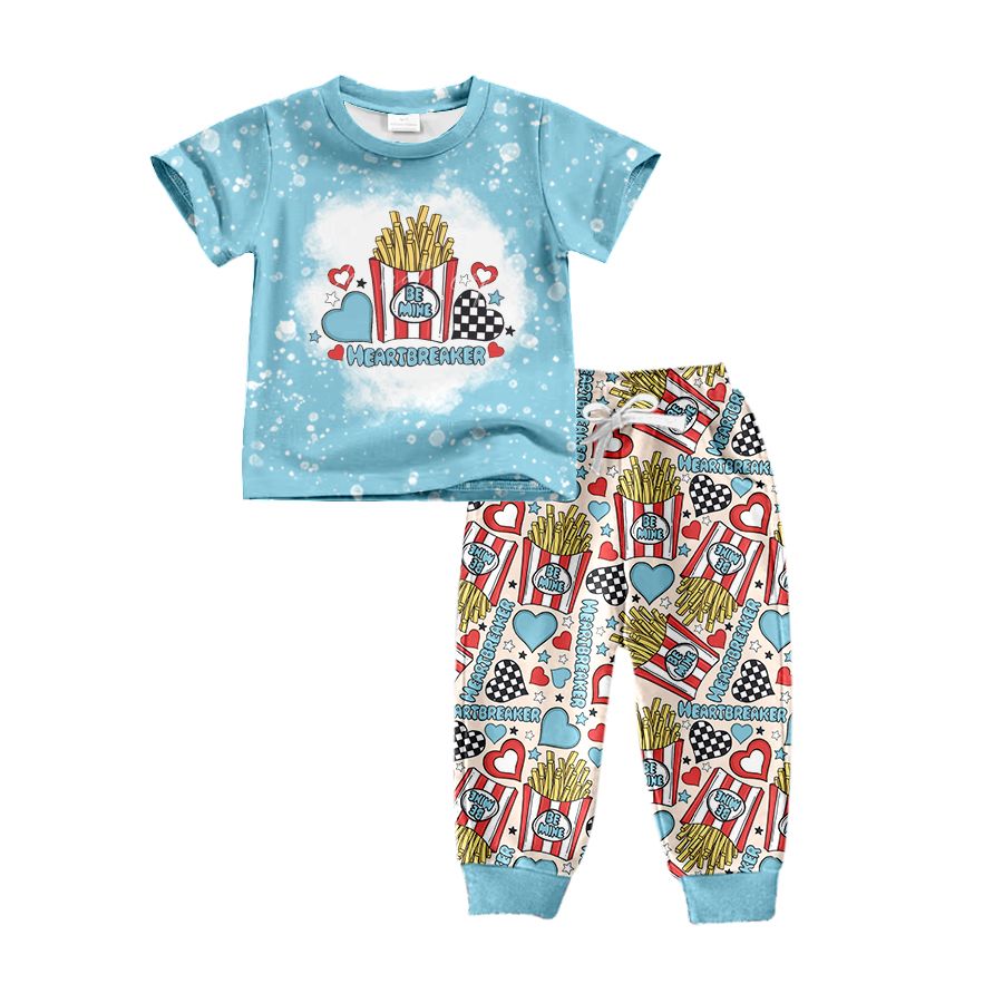 BSPO0228 be mine heartbreaker letter fries love blue short-sleeved trousers suit