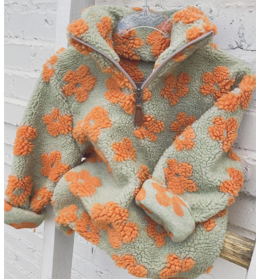 Orange Floral Light Green Zip Long Sleeve Top